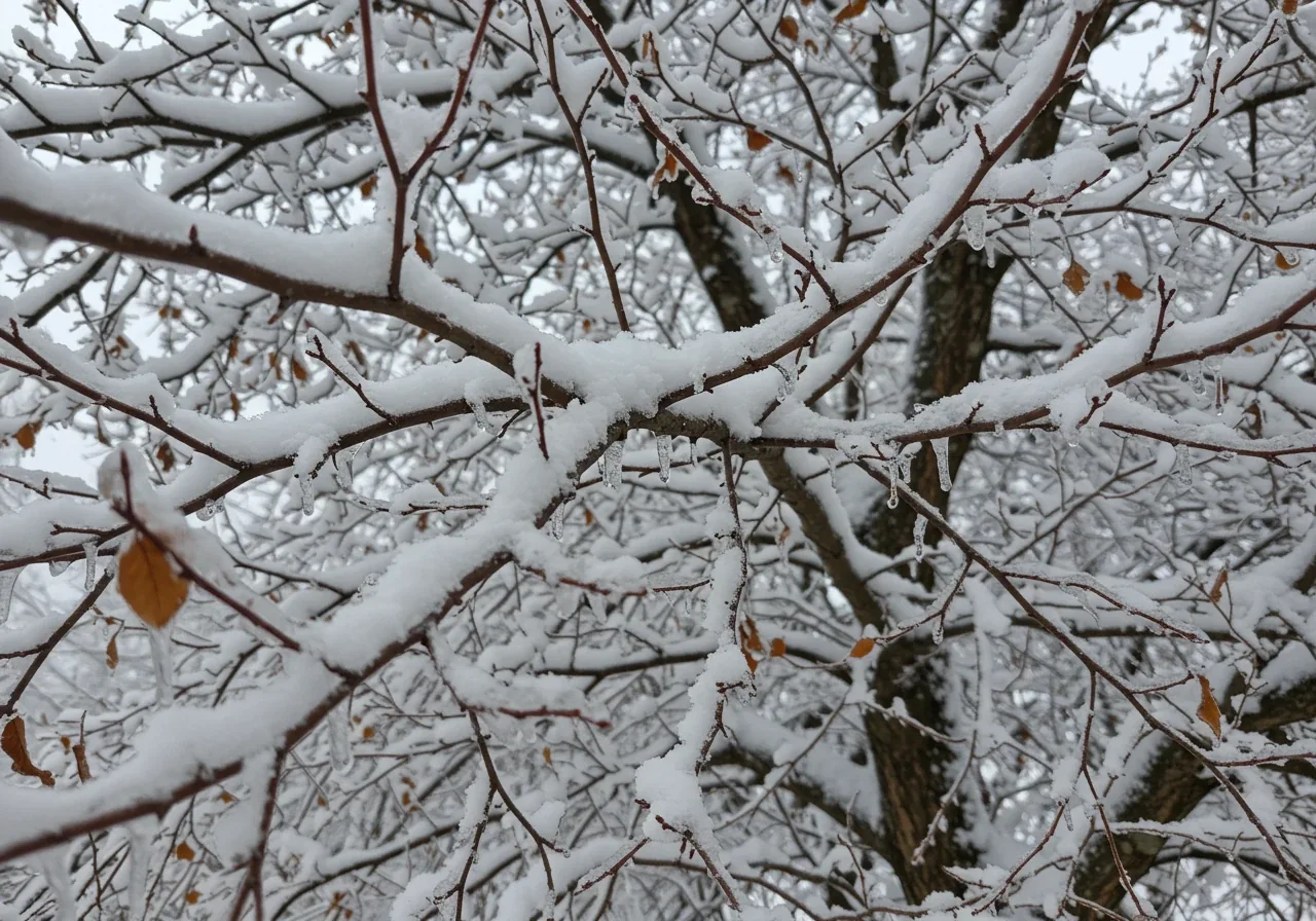 A visually striking image showing the branches of a deciduous tree (like a maple or oak native to the Ottawa area) heavily laden with snow and glistening ice after an ice storm. The focus should be on the weight and stress on the branches, emphasizing the potential for breakage discussed in the text. The background could be a soft winter sky.