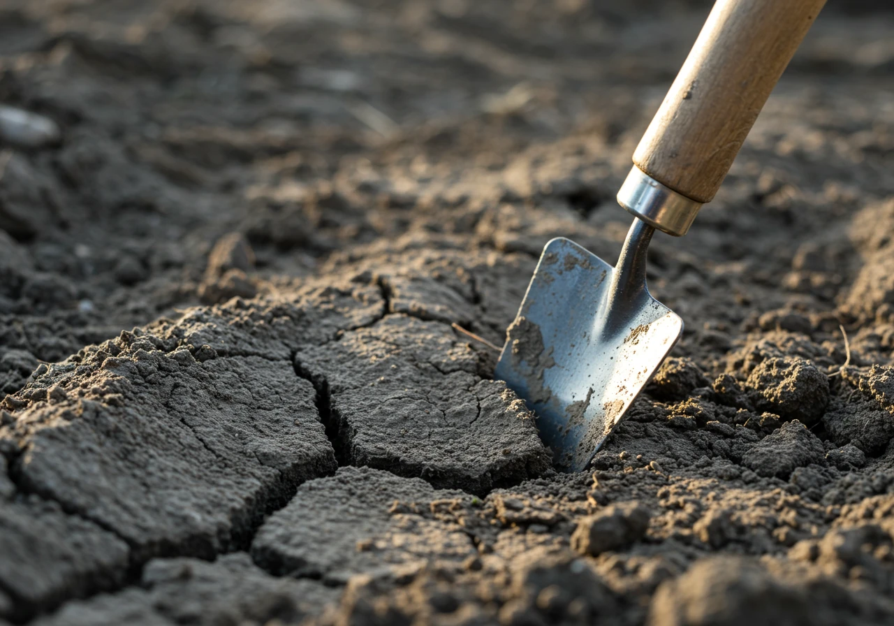A close-up photograph focusing on the dense, heavy texture of compacted clay soil, possibly showing some cracking or a garden trowel slightly embedded to illustrate difficulty. This image would visually represent the 'Clay' challenge mentioned early in the article.