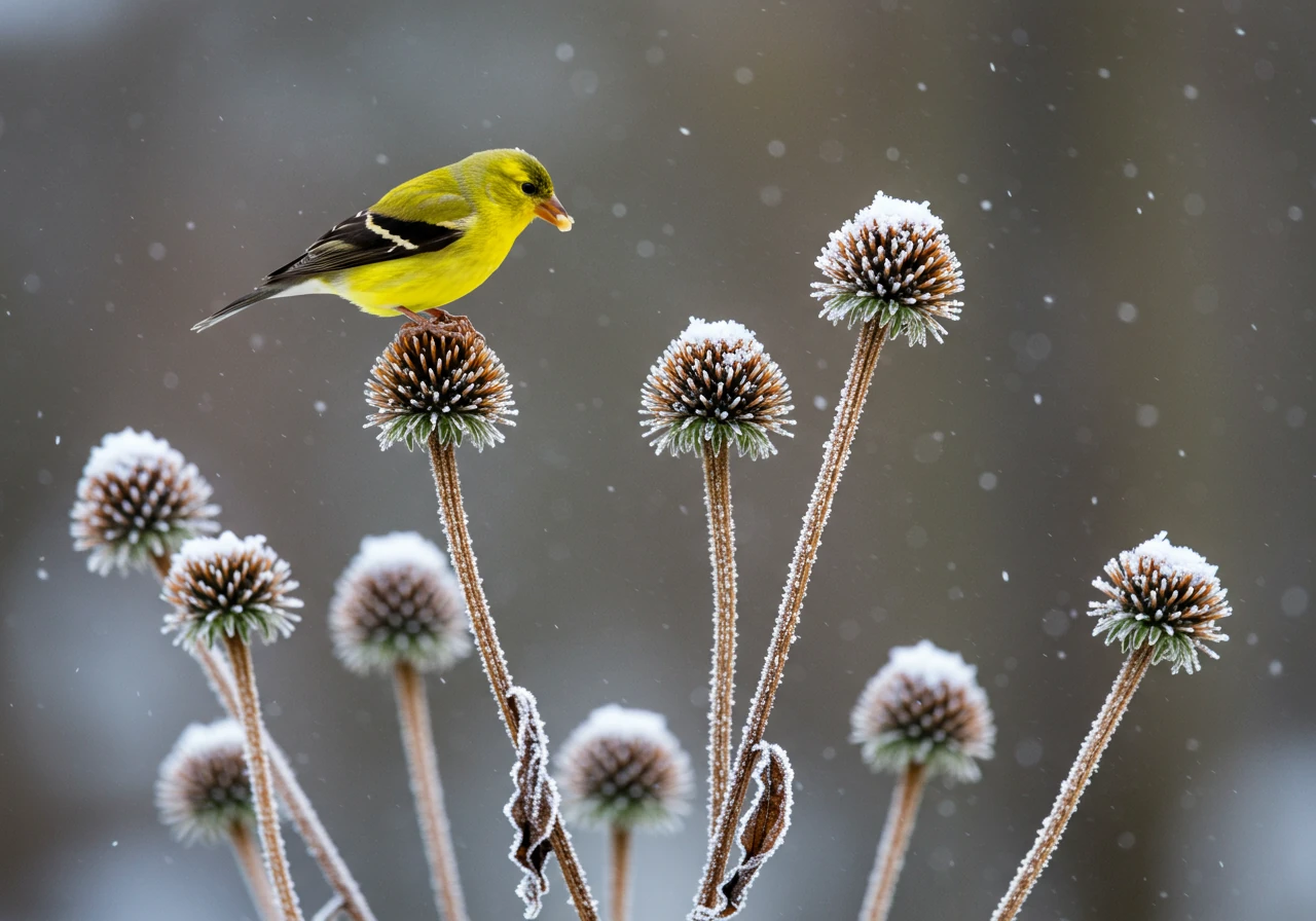 A beautiful close-up winter scene focusing on frosted Echinacea (coneflower) seed heads standing tall in a garden bed lightly dusted with snow. Perhaps a small bird, like a goldfinch, could be perched on one of the seed heads, actively feeding. This illustrates the 'Leave 'Em Be Brigade' concept for winter interest and wildlife.