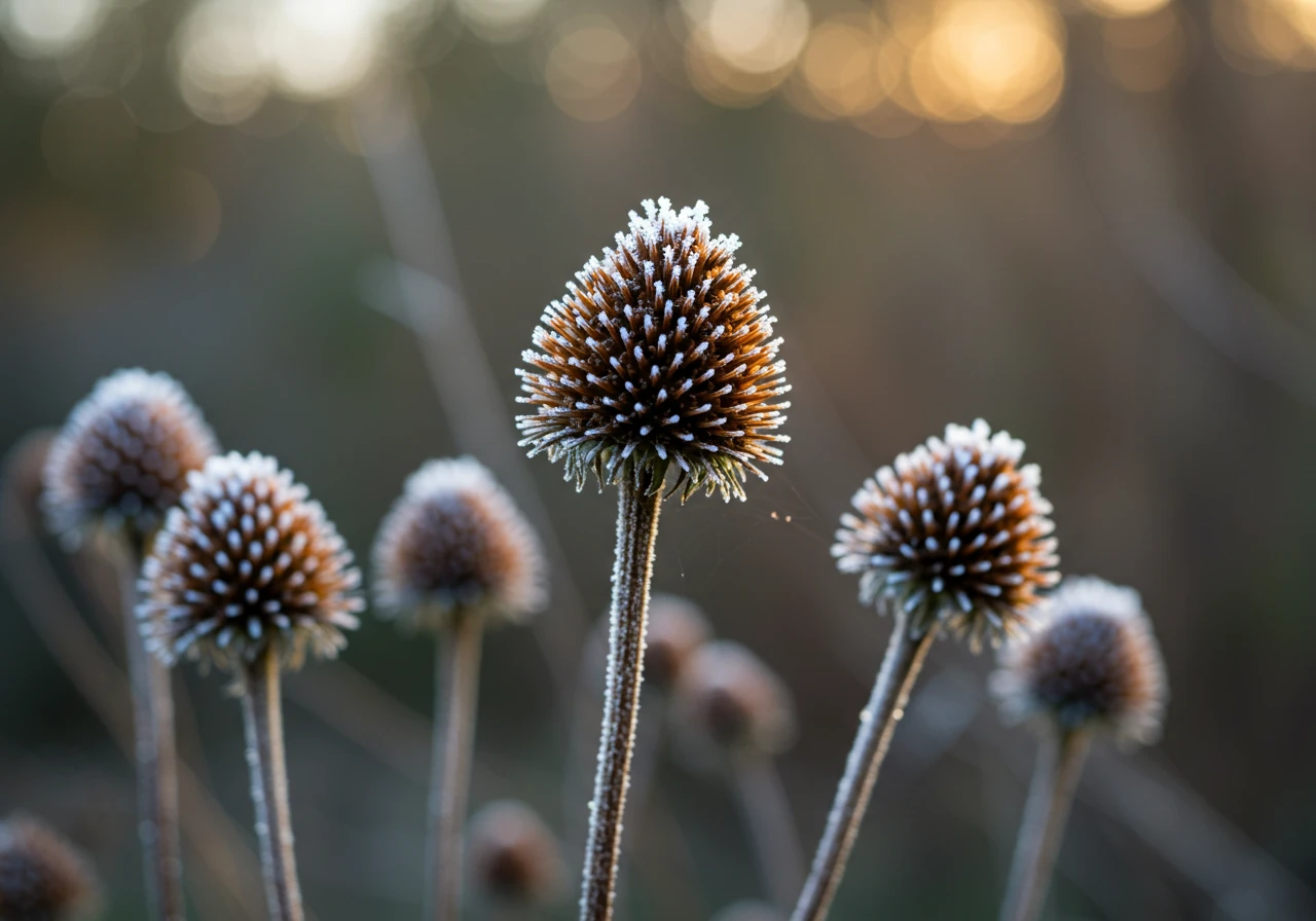 A visually distinct photograph showing plants intentionally left un-deadheaded for winter interest. Focus on dried seed heads (e.g., Echinacea/coneflower or Sedum 'Autumn Joy') standing in a late-season garden, perhaps with a light frost or backlit by low autumn sun, highlighting their structure and texture.