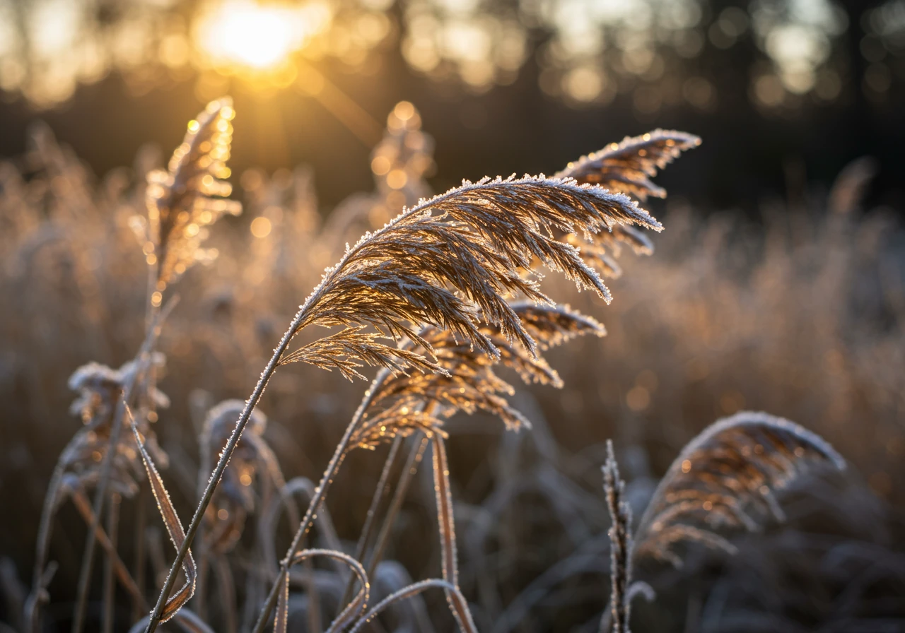 An image showing perennials left standing for winter interest. Focus on frost-covered seed heads of ornamental grass or coneflowers catching the low winter sun, providing visual texture and habitat.