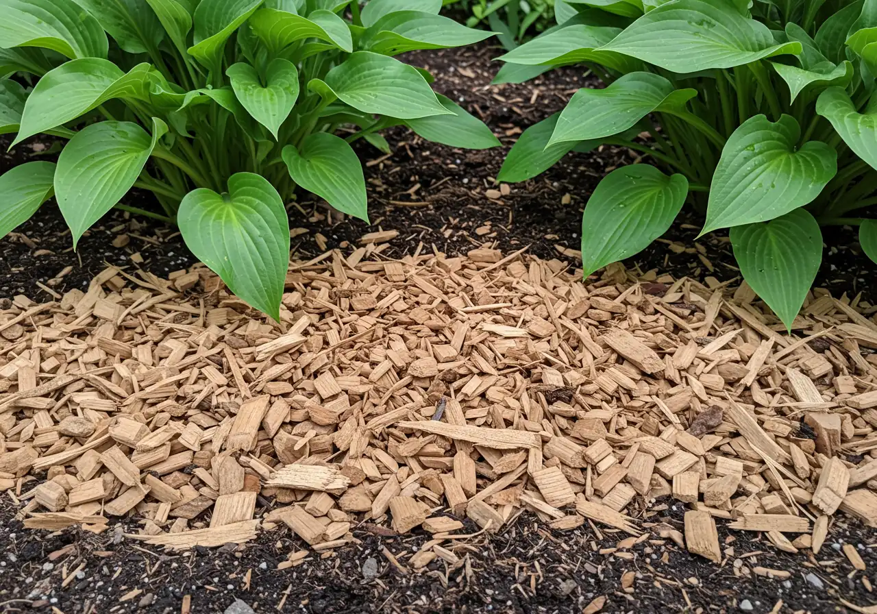 A close-up shot illustrating the beneficial use of stump grinding byproduct. Show fresh wood chip grindings being used as natural mulch spread neatly around the base of healthy, green shrubs or flowers in a clean garden bed.