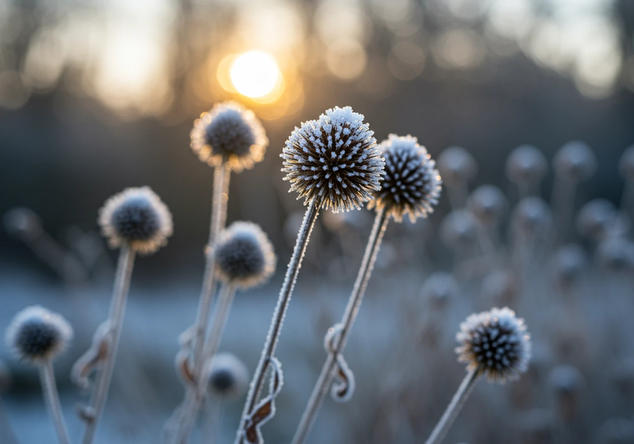 A visually appealing shot focusing on perennials left standing for winter interest. Showcases frosted ornamental grasses (like Feather Reed Grass) or seed heads of Coneflowers (Echinacea) dusted with early snow or heavy frost, catching the low winter sunlight against a blurred garden background. This illustrates the 'Leave Standing' advice.