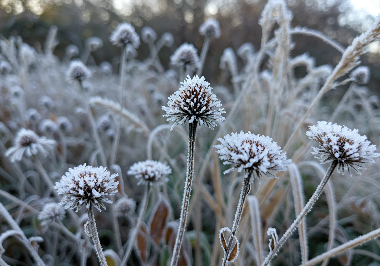 A visually appealing close-up photograph showcasing perennial seed heads (such as Echinacea/Coneflower or Sedum 'Autumn Joy') and possibly some slender ornamental grass plumes left standing in a garden bed during early winter. They are delicately coated in sparkling white frost, catching the soft morning light. The image conveys the beauty, structure, and wildlife value (implied food source) of leaving perennials standing through winter.
