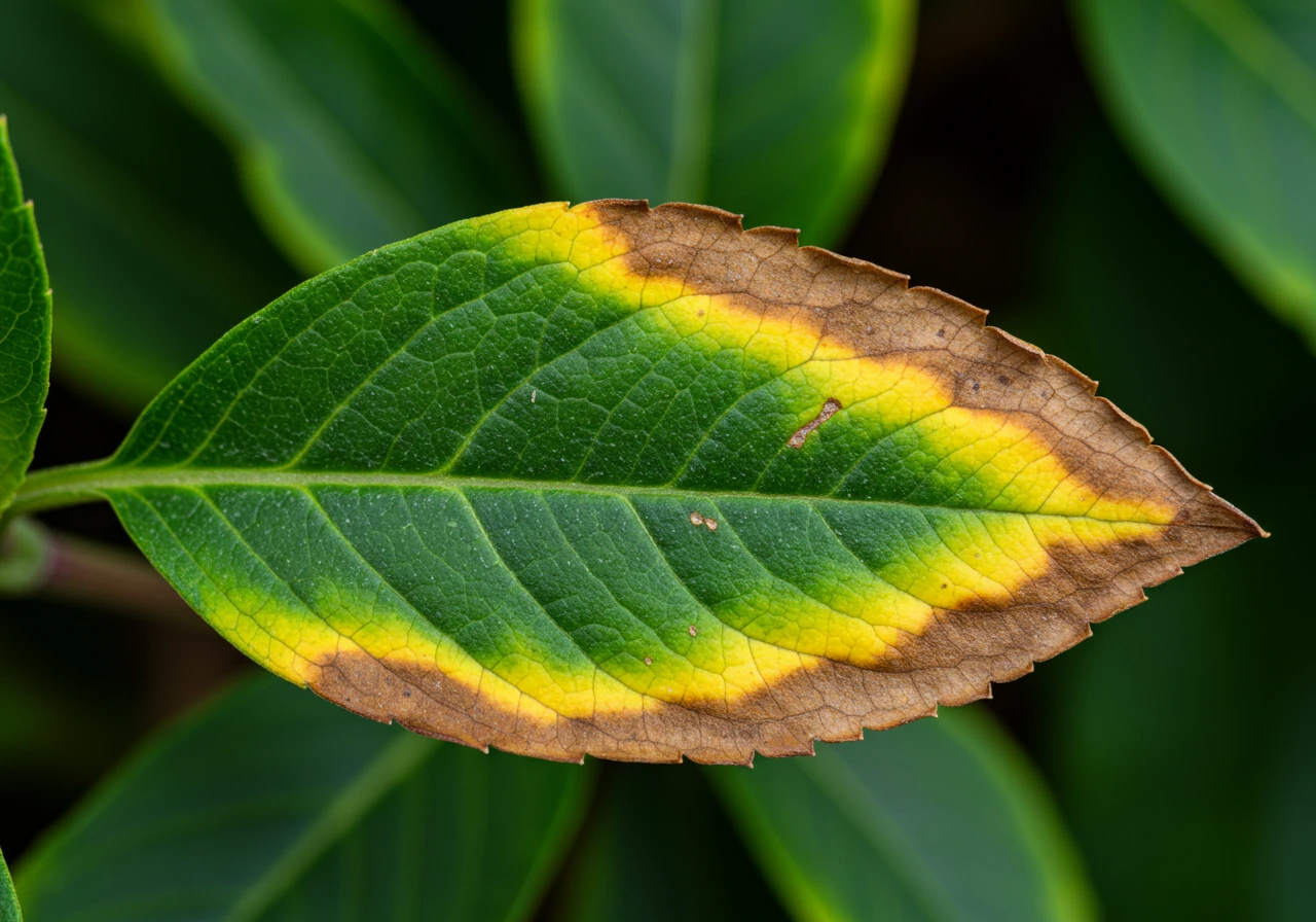 A close-up image focusing on the lower, older leaves of a plant displaying the symptoms of potassium deficiency: distinct yellowing or browning starting along the leaf edges or margins. This illustrates one of the specific nutrient deficiency symptoms described in the table.