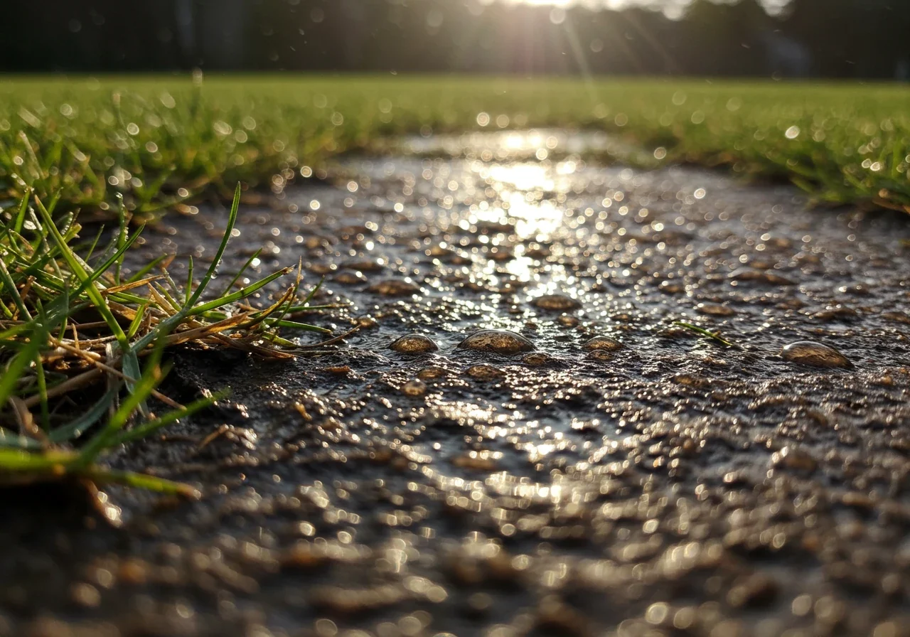 A close-up photograph illustrating soil compaction. Focus on a patch of thin, stressed grass where rainwater has formed distinct puddles on the surface instead of soaking in, highlighting the soil's inability to drain properly. The surrounding soil should look dense and hard-packed.