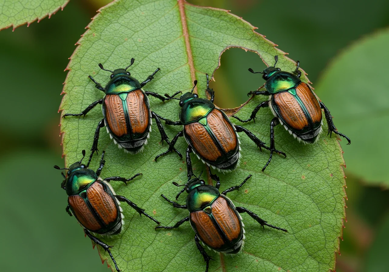 A detailed close-up shot of several metallic green and bronze Japanese beetles clustered on a green leaf (perhaps a rose leaf or bean leaf), showing their characteristic feeding damage (skeletonizing the leaf).