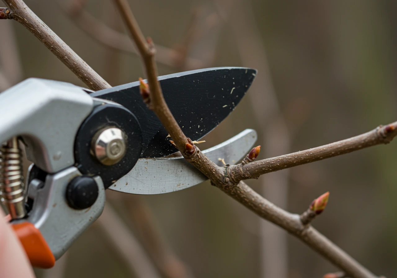 An image demonstrating proper pruning technique on a dormant shrub. Focus on clean pruning shears cutting a dead or damaged branch just above an outward-facing bud or near a branch collar. Avoid showing hands, focus on the tool making a clean cut on the woody stem.