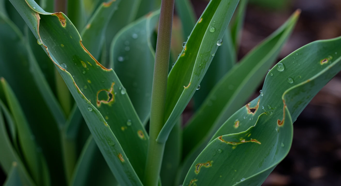 A close-up photograph capturing the frustrating reality of deer damage. Show tulip or hosta leaves with distinct, ragged edges where they have been clearly chewed by deer. The surrounding garden should look otherwise cared for, emphasizing the targeted nature of the damage. Focus on the plant damage itself, conveying the problem visually.