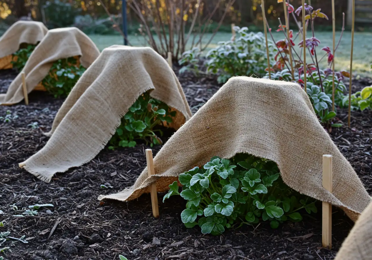A close-up image demonstrating frost protection for vulnerable plants. It should show tender garden plants (like hostas or late-season flowers showing minimal frost damage) loosely covered with burlap or a light frost cloth, held up by small stakes. This visualizes the practical advice given in the 'Frosty Fandango' tip.