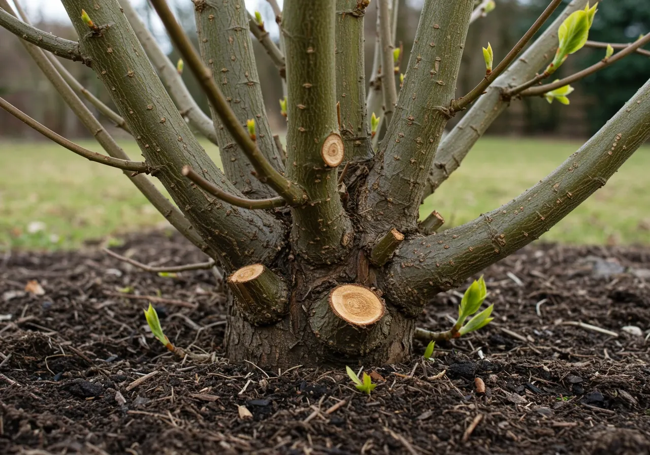 A clear, close-up photograph showing the base of a deciduous shrub where several old, thick, dark woody stems have been cut cleanly near ground level, alongside younger, thinner stems left intact (illustrating selective removal). Or, showing vigorous new green shoots emerging from the base after pruning.