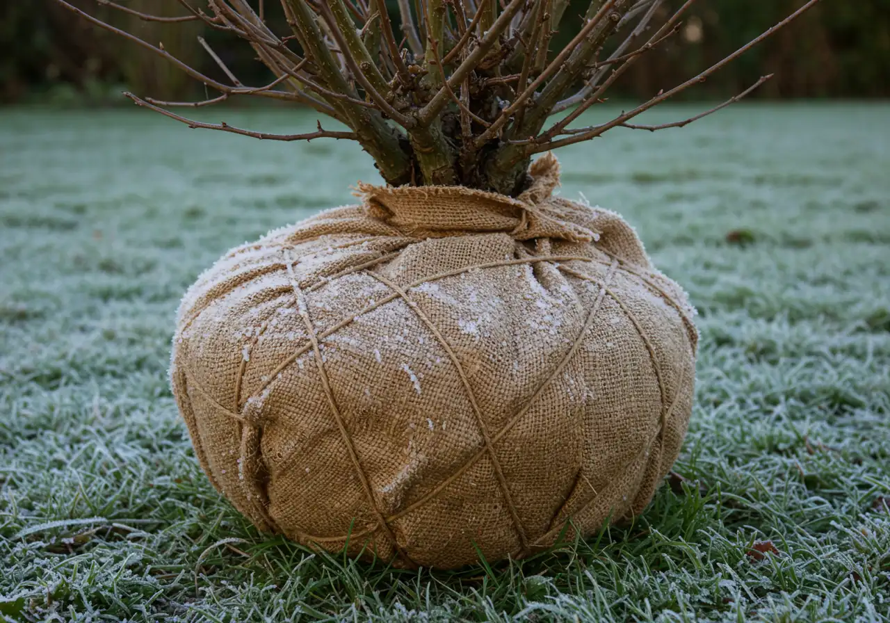 A clear photograph showing the base of a small deciduous shrub securely wrapped in natural burlap for winter protection. The ground around the shrub has a light covering of frost or dormant brown grass, indicating late fall or early winter conditions in a garden setting.