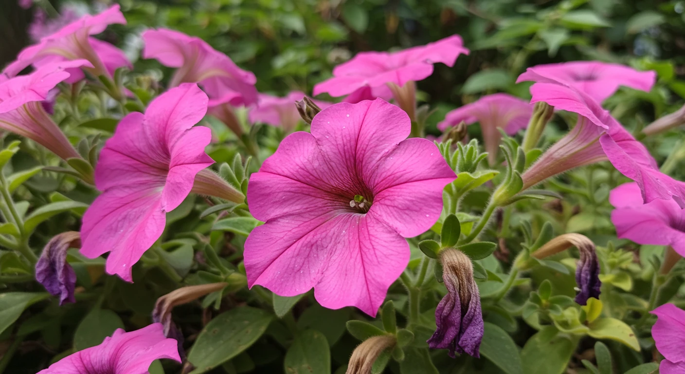 An image vividly illustrating summer plant stress. Focus on a previously beautiful flowering plant, perhaps petunias or impatiens in a container or garden bed, showing visible signs of wilting and slight yellowing under the bright summer sun. The background should subtly suggest a typical Nepean suburban setting without showing specific houses or people.