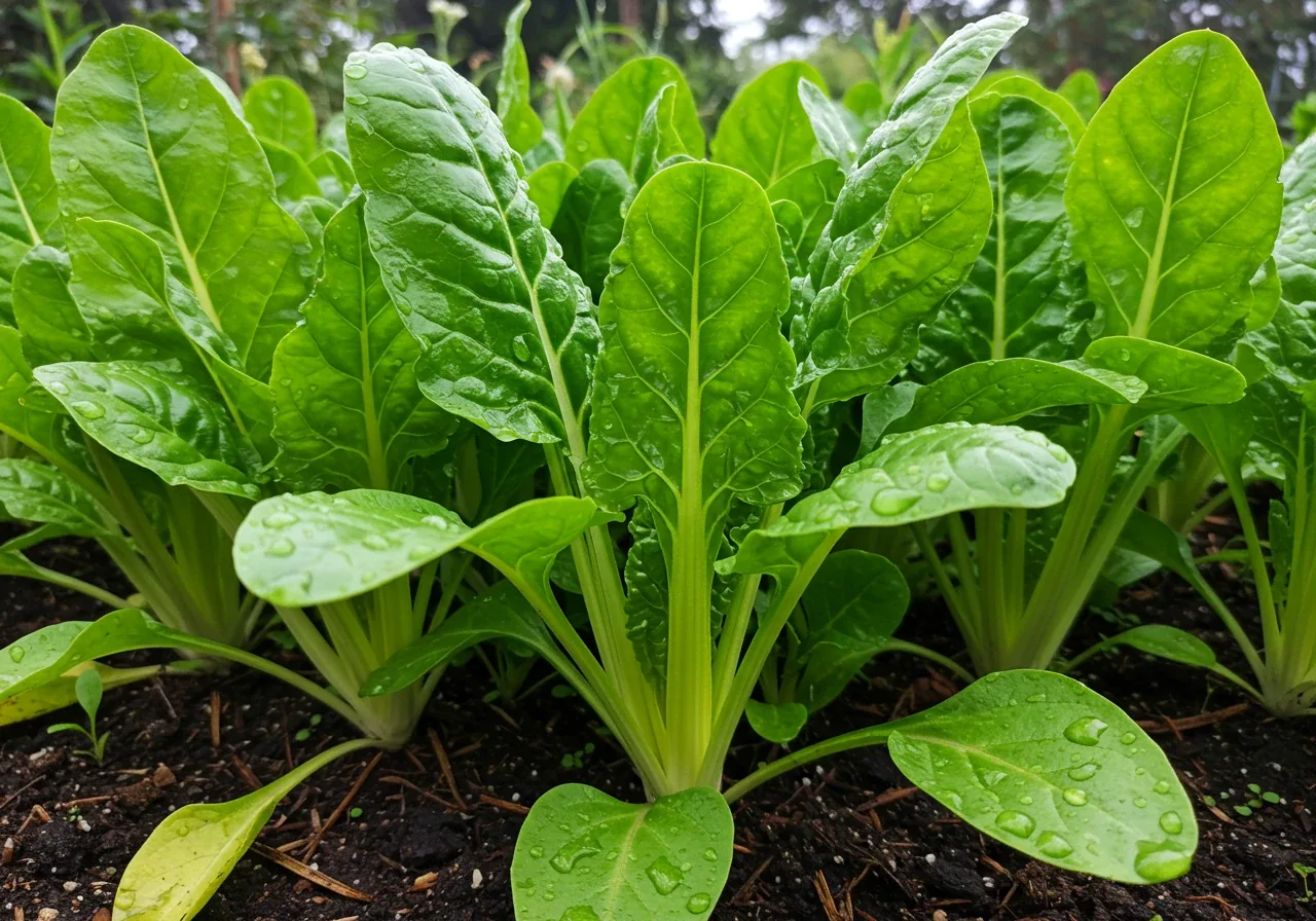 A vibrant close-up photograph focusing on healthy, thriving leafy green vegetables, such as Swiss chard or kale, growing vigorously in a garden bed. The leaves should look lush, strong, and deeply colored, suggesting robust health. The surrounding soil, visible at the base of the plants, can appear dark and moist, implying well-amended soil or effective mulching.