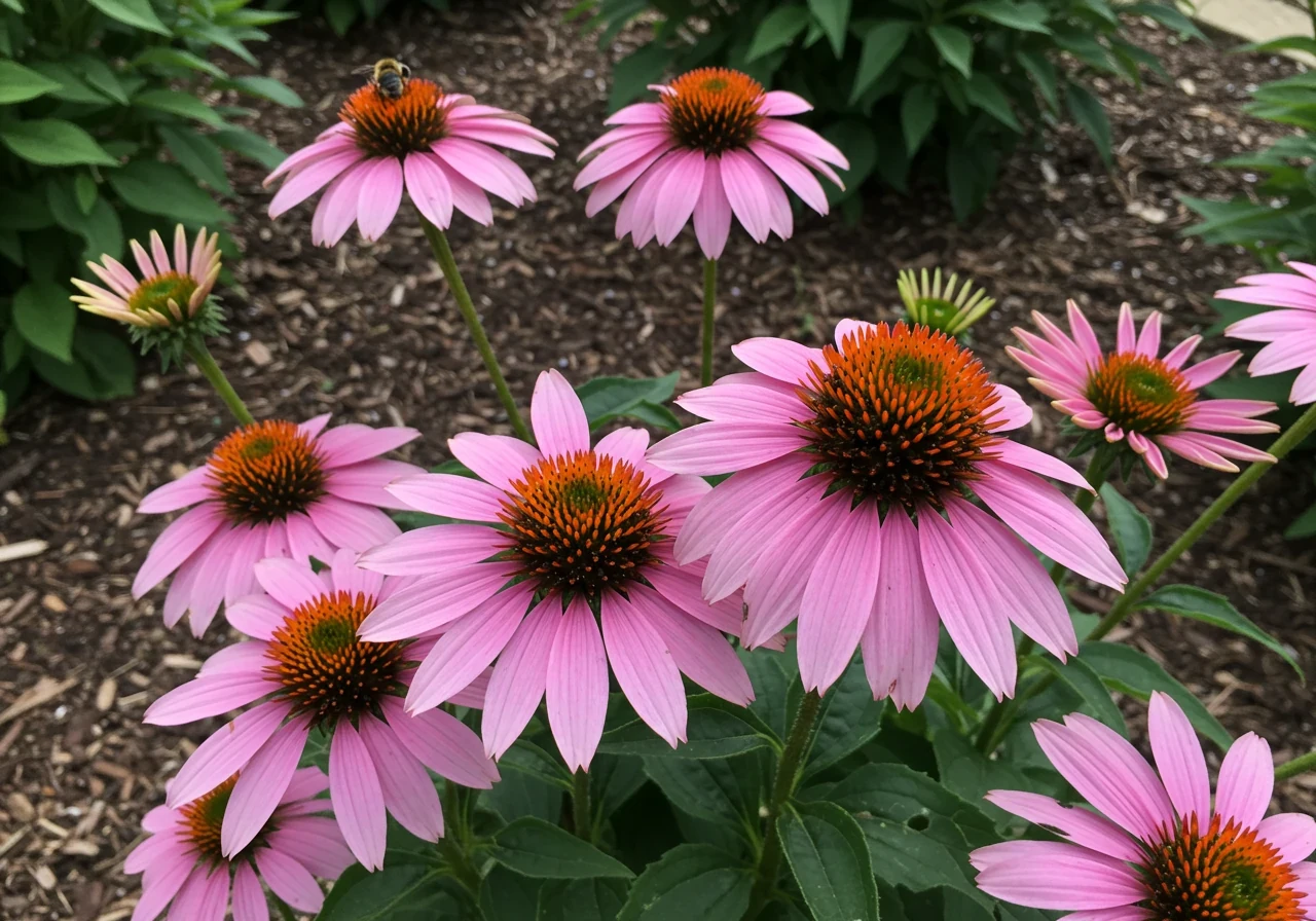 A vibrant, sunlit photograph focusing on a healthy clump of purple Coneflowers (Echinacea) in full bloom within a garden bed. The flowers should be sharp and detailed, attracting maybe one or two visible pollinators like bees. The surrounding soil should look healthy and dark (implying amended clay), possibly with some mulch visible. This showcases a specific, recommended clay-tolerant plant thriving.