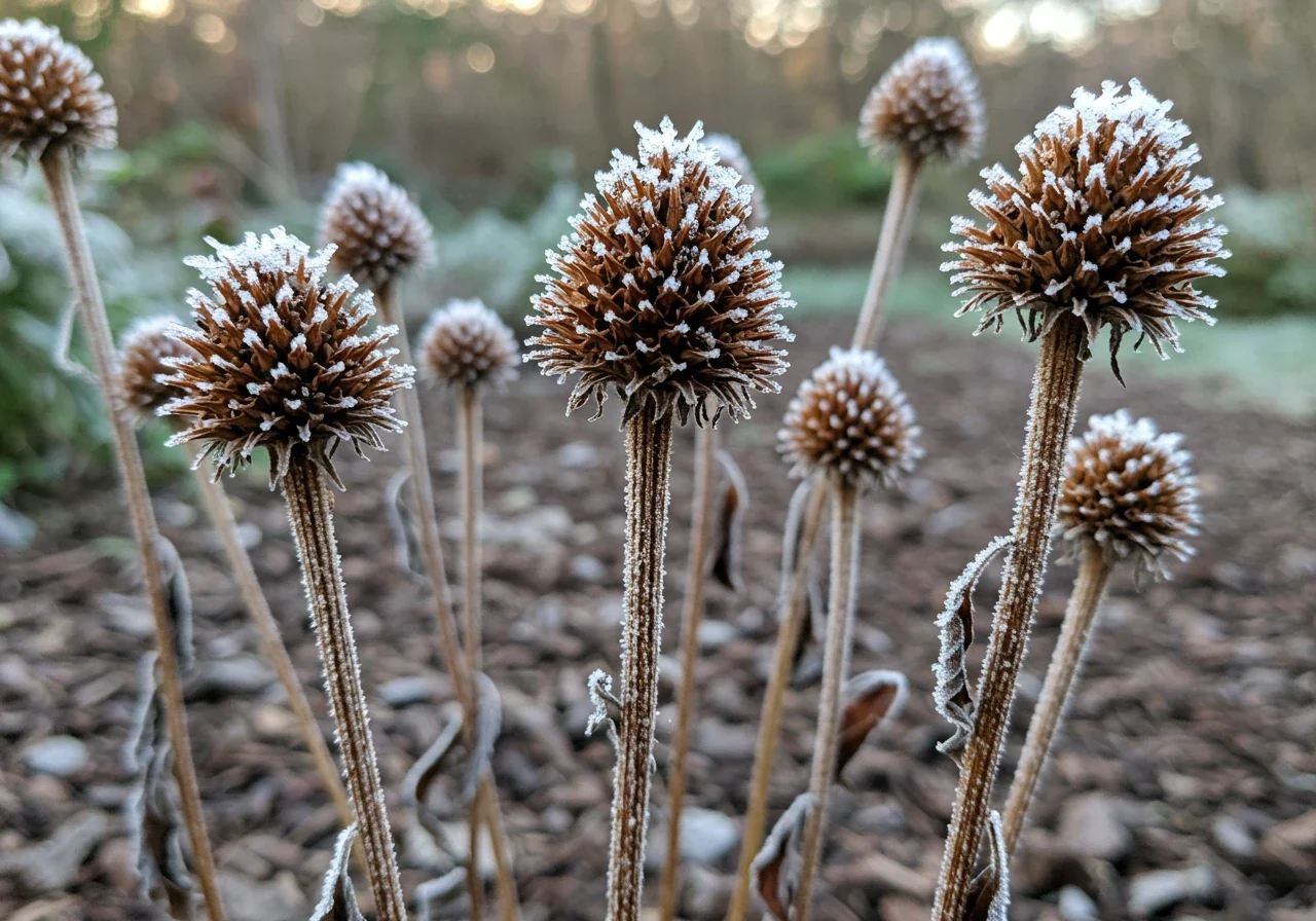 A photograph showing an example of overwintering habitat, such as dried, hollow perennial stems (like coneflowers or ornamental grasses) left standing in a garden bed during late fall or early winter. This visual would reinforce the advice not to cut everything back.