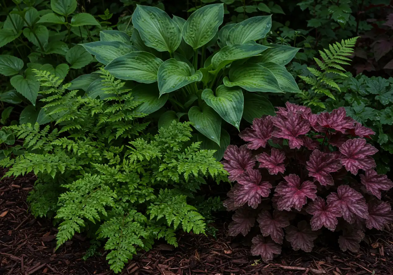 A close-up, visually rich photograph of a thriving shade garden bed. The image should highlight a variety of textures and foliage colors from shade-loving plants. Feature the bold, ribbed leaves of different Hosta varieties (blue-green, variegated), the delicate fronds of ferns (like Maidenhair or Ostrich fern), and perhaps the colourful leaves of Heuchera (Coral Bells) or the silvery patterns of Brunnera. Lighting should be soft and indirect, indicative of shade. Dark, moist mulch or soil is visible.