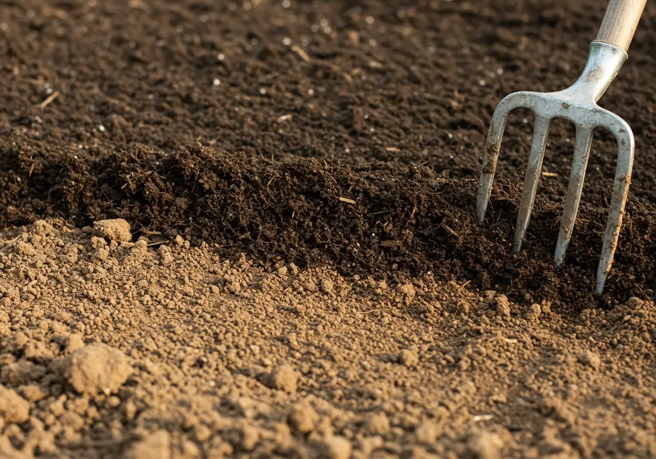 A visual representation of soil amendment. Shows a layer of rich, dark, textured compost spread over the surface of existing garden soil, possibly lighter in colour or with more clay-like texture. A garden fork tip could be visible at the edge, lightly turning the compost into the top layer, highlighting the process of improving soil structure.