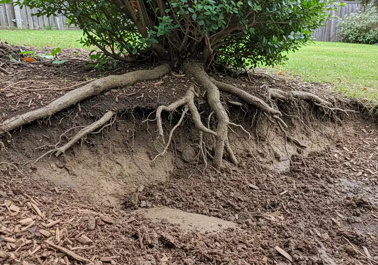 A clear visual example of moderate soil erosion on a residential slope. The image should show exposed tree roots that were previously covered by soil, and small channels (rills) carved into the bare earth by water runoff, perhaps with some displaced mulch visible at the bottom of the slope.