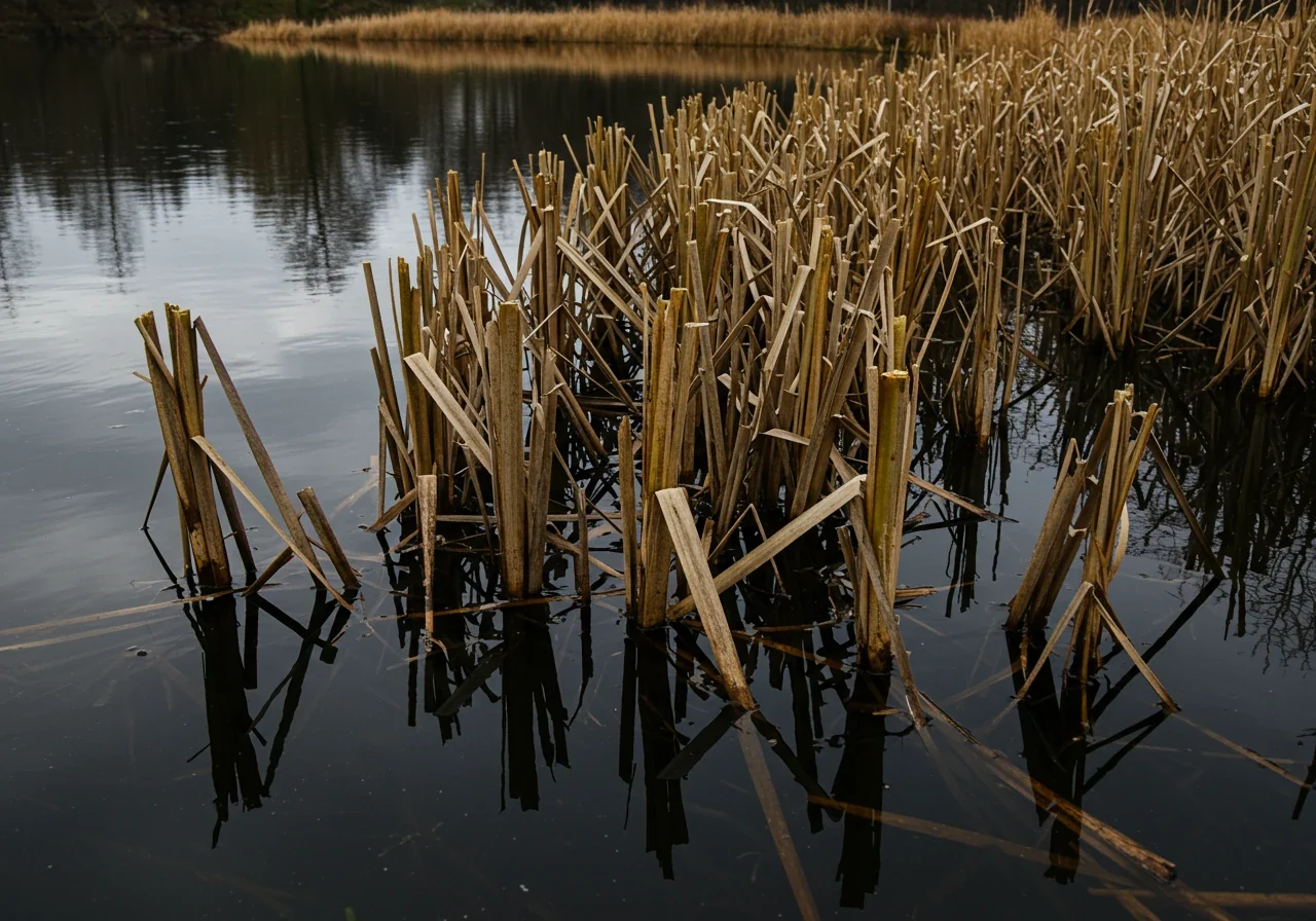 A close-up shot focusing on hardy marginal pond plants, like iris or cattail stalks, that have been neatly trimmed back a few inches above the water level in preparation for winter. This illustrates the specific advice given for hardy plants.