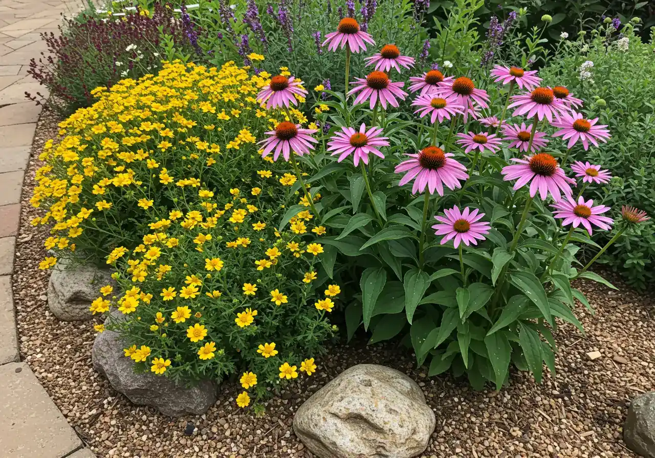 A close-up, vibrant photograph of a thriving garden bed specifically designed for a hot, dry microclimate. It features a healthy cluster of drought-tolerant plants like purple Coneeflowers (Echinacea), yellow Yarrow, and succulent Sedum 'Autumn Joy'. The plants are situated in full sun, possibly with gravel mulch or surrounded by warm-toned rocks, showcasing their resilience and beauty in challenging conditions.