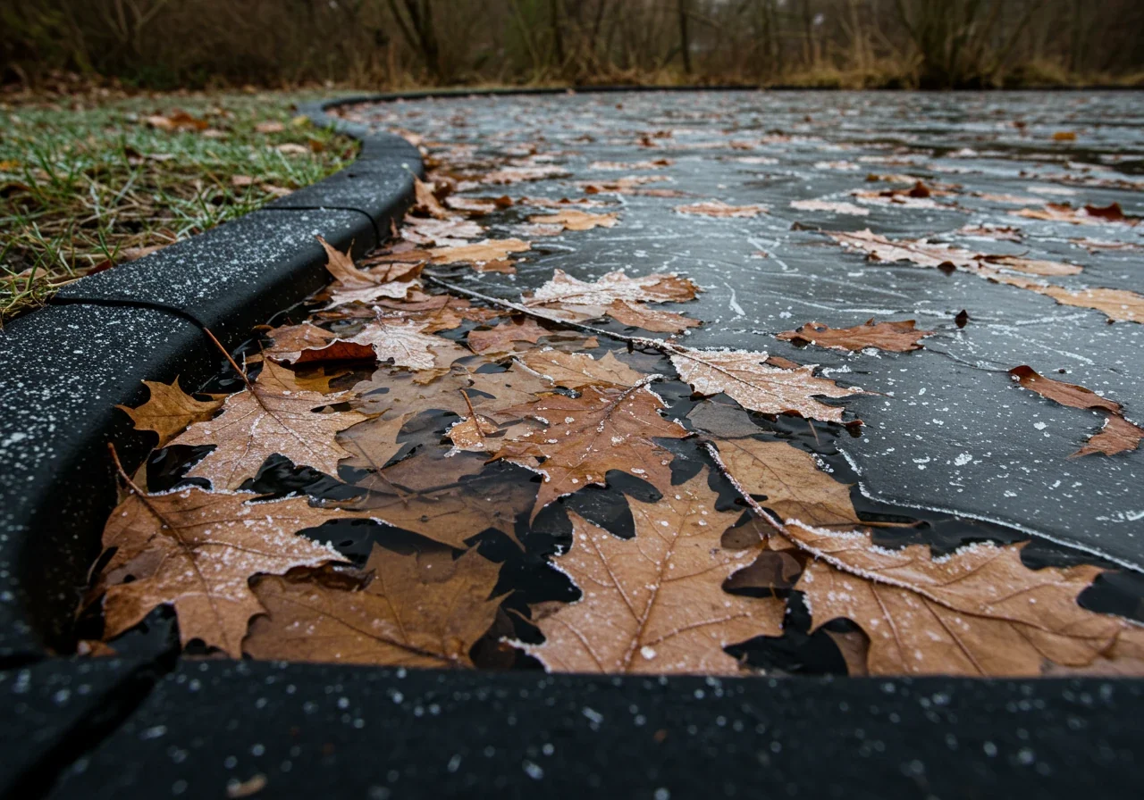 A close-up image focusing on the edge of a backyard pond where clear ice is forming. Underneath the ice surface, brown and yellow autumn leaves are visibly trapped against the dark pond liner, illustrating the debris buildup issue. The ice should look solidifying, perhaps with some frost patterns, emphasizing the 'freeze' threat.