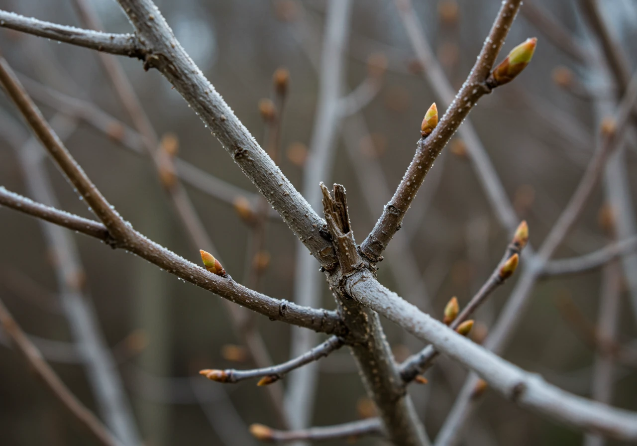 A close-up photograph focusing on a deciduous shrub in early spring, highlighting the contrast between brittle, grey, clearly dead branches (winterkill) resulting from harsh weather, and adjacent dormant but living stems with visible buds. This visually reinforces the need to remove damaged wood.