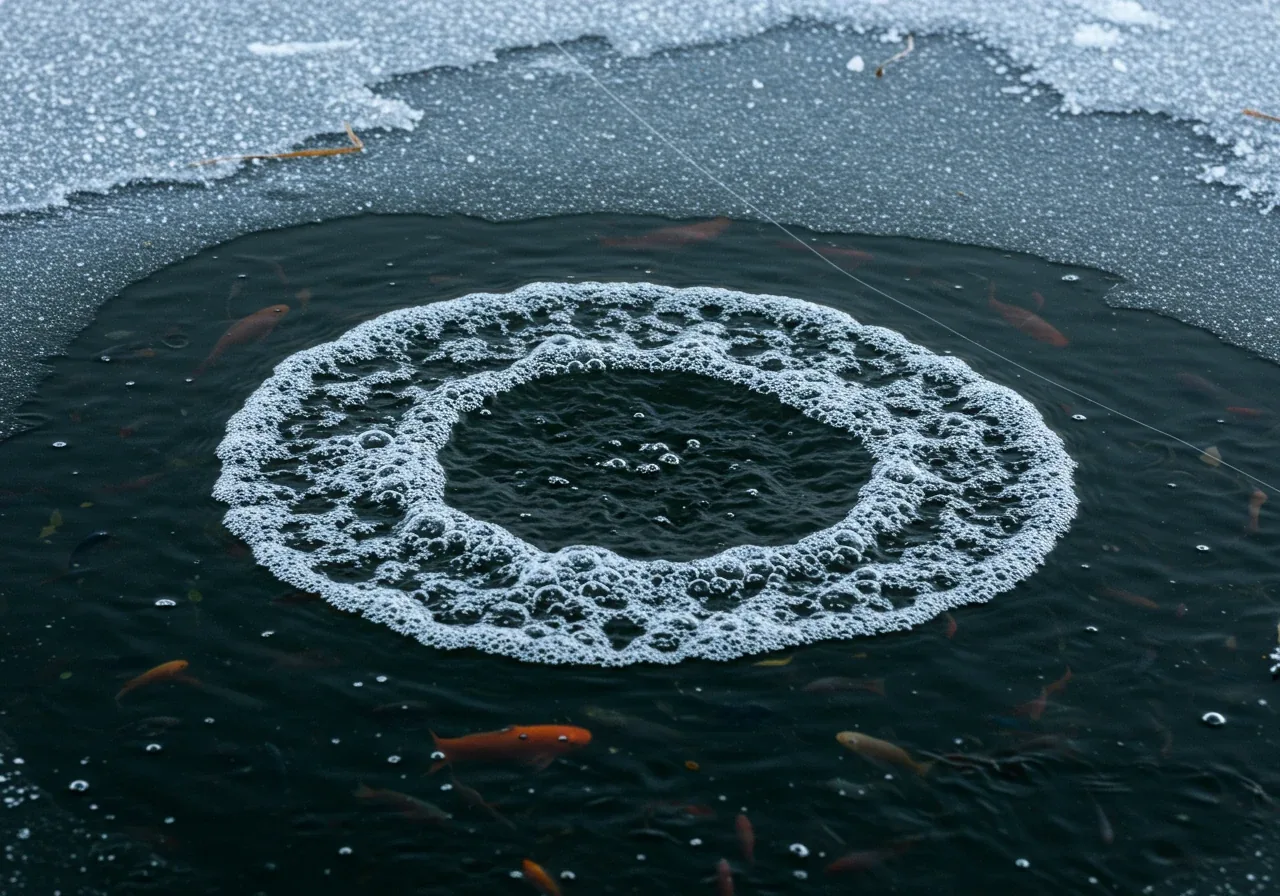 An image focusing on the effect of a pond aerator in cold water. It should show vigorous bubbles rising from below the surface, creating an open circle of water free from ice on an otherwise lightly frozen pond surface. The focus is on the bubbling action and the resulting open water patch.