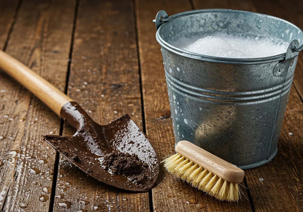 A close-up action shot focusing on the cleaning process, without showing hands. A dirty shovel head, caked with dried mud, is positioned next to a galvanized steel bucket filled with soapy water. A stiff-bristled cleaning brush rests against the bucket, implying the scrubbing action. Water droplets are visible on the tool and surrounding rustic wooden surface.