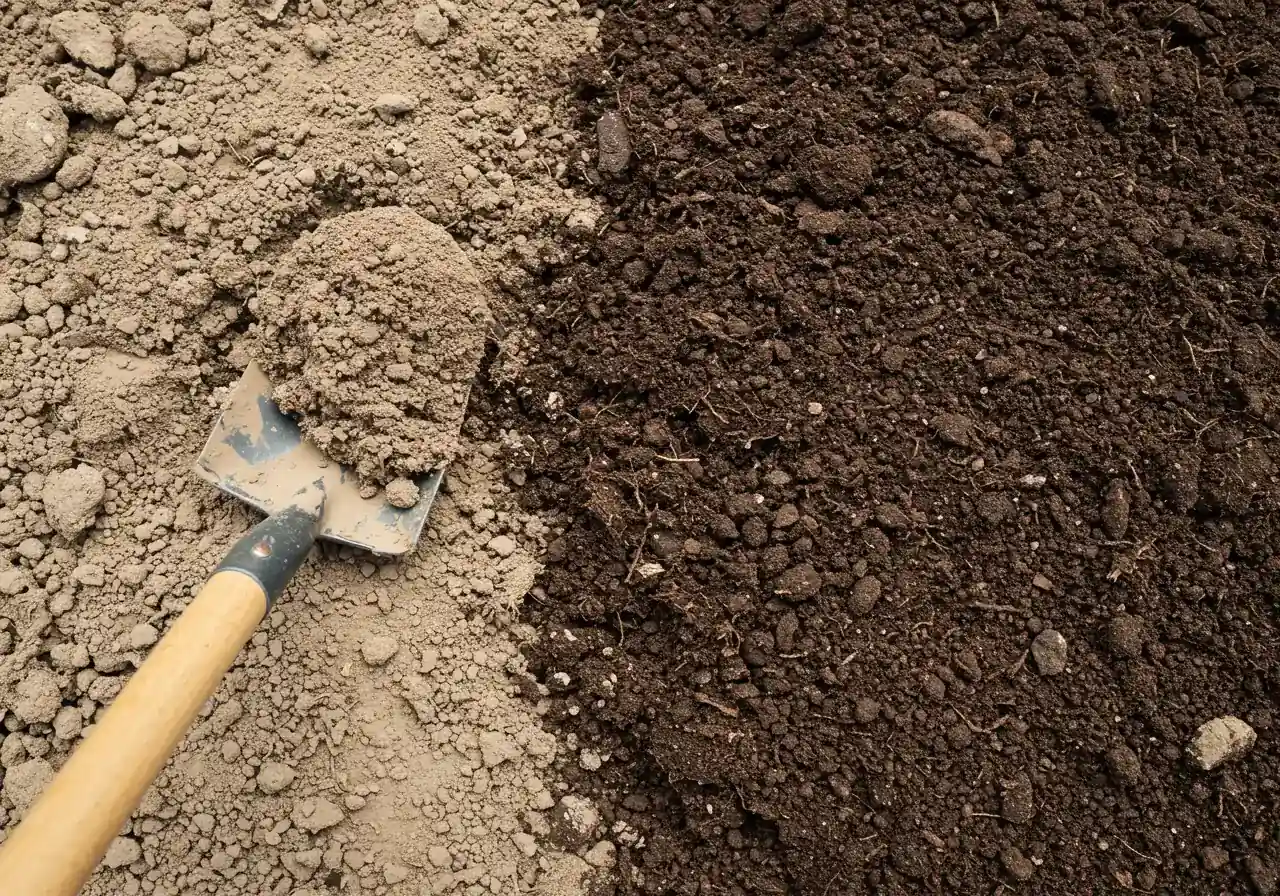 A close-up, top-down view showing the process of amending heavy clay soil. Half the image shows the dense, pale, clumpy texture of unimproved clay, while the other half shows dark, rich compost being mixed in, creating a visibly improved, crumbly texture. A garden spade or fork blade could be partially visible entering the improved section, suggesting the mixing action without showing hands.