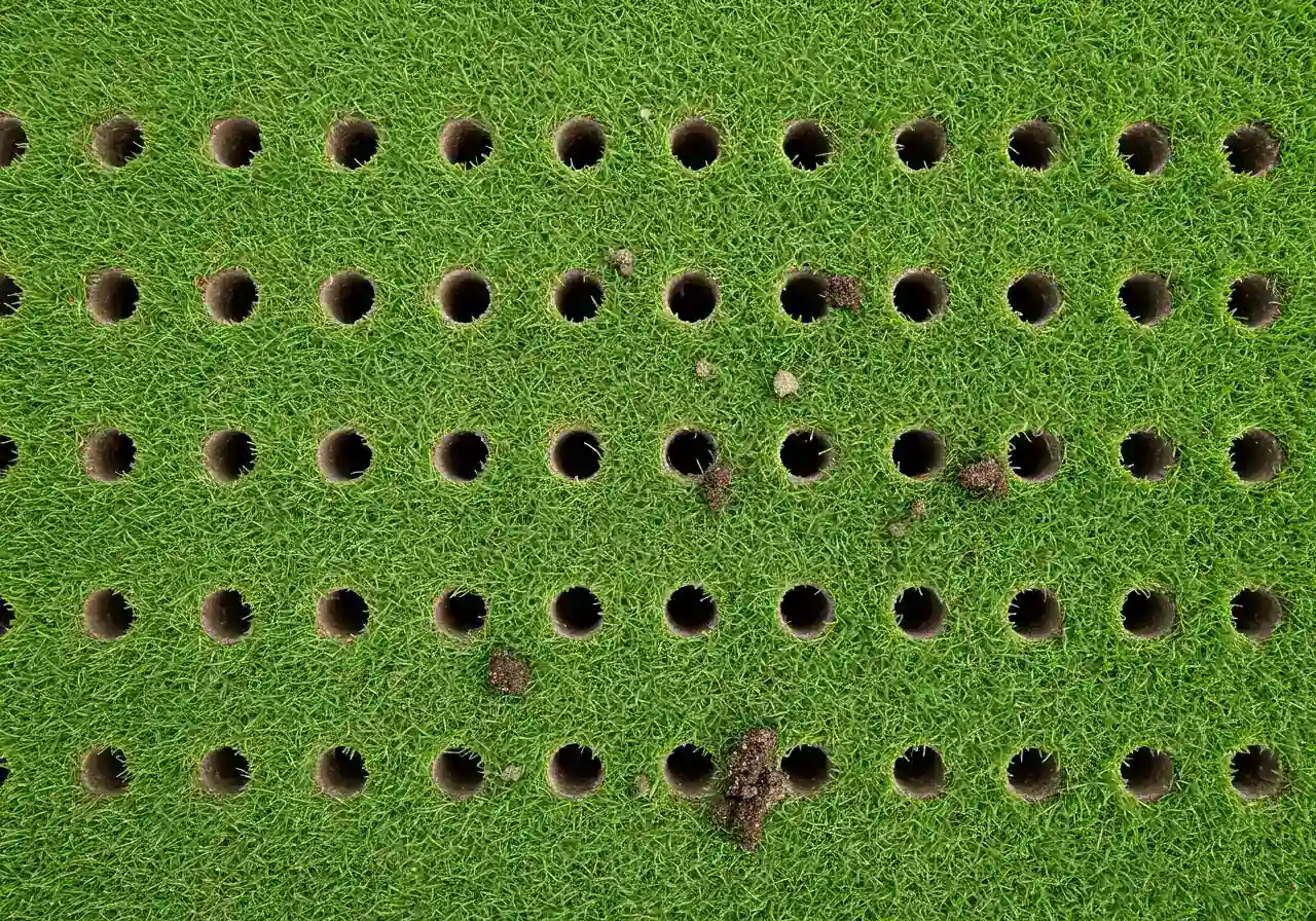A close-up, ground-level photograph of a section of green lawn immediately after core aeration has been performed. The image clearly shows the pattern of evenly spaced, cylindrical holes punched into the turf and numerous small, dark soil plugs (cores) scattered randomly across the surface of the green grass blades. Focus is on the plugs and holes.