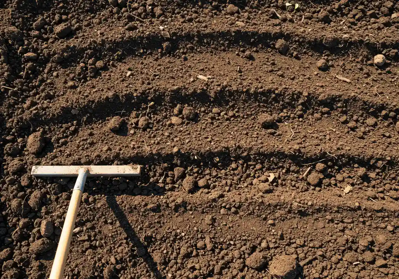 An image showcasing ideal prepared garden soil ready for planting. Show rich, dark, crumbly soil that has clearly been amended with compost, raked smooth in a garden bed. A small pile of compost or aged manure could be visible to one side, suggesting the amendment process. No tools or people, just the focus on the healthy soil texture.