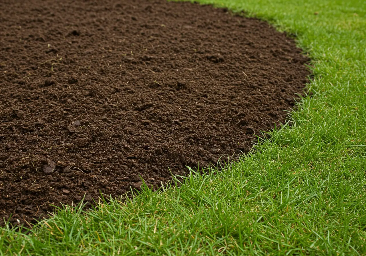 A close-up image demonstrating the application of compost top dressing, emphasizing the contrast between the dark compost and the green grass. This illustrates the 'Feed the Soil' step.