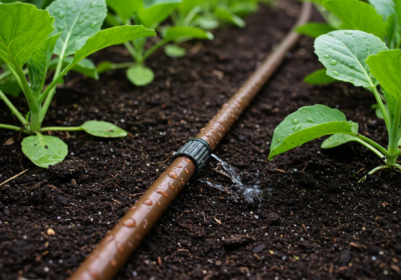 A dark brown soaker hose snakes through a garden bed at the base of several leafy green plants. Droplets of water are visibly seeping from the hose, darkening the rich soil immediately around it. Focus is on the hose and the moist soil.
