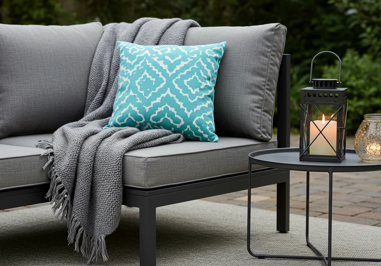 A stylish close-up vignette highlighting outdoor seating accessories. Focus on a corner of an empty outdoor sofa or armchair featuring a colourful, weather-resistant throw pillow and perhaps a partially draped cozy throw blanket. A small side table nearby holds a decorative lantern (with an LED candle) or a small potted plant. In the background, perhaps a hint of string lights or an outdoor rug pattern adds depth and context. The image should evoke comfort and style.