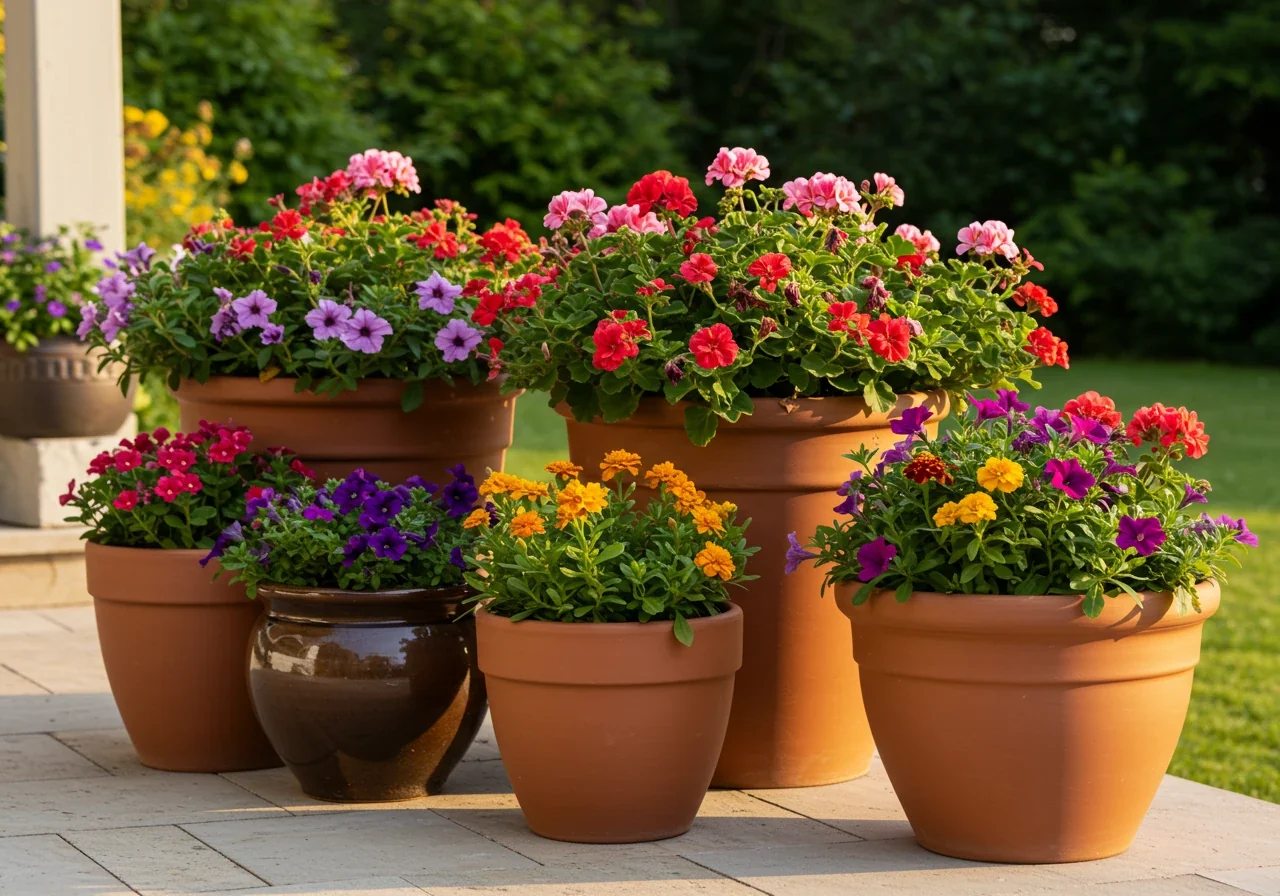 Vibrant container gardening enhancing a patio space. Several stylish terracotta and ceramic pots of varying sizes are filled with colourful blooming annual flowers (like red geraniums, yellow marigolds, purple petunias) and lush green foliage, placed strategically on the corner or edge of the clean patio. Soft evening light suggests ambiance.