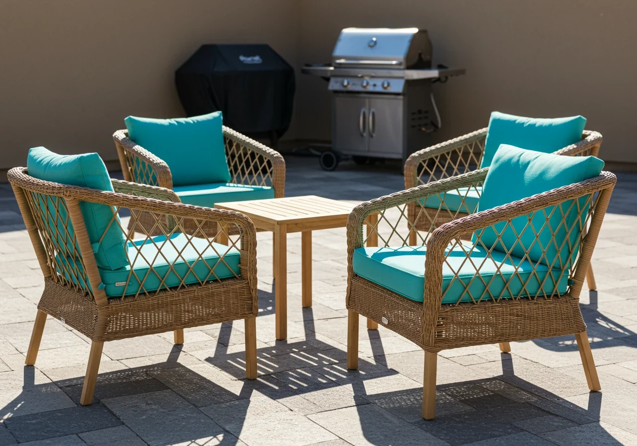 Cleaned outdoor patio furniture arranged invitingly on a pristine patio surface. Could feature a pair of comfortable wicker chairs with colourful, plump cushions facing a small outdoor coffee table. A clean, closed BBQ grill might be partially visible in the background. The setting should feel ready for relaxation.