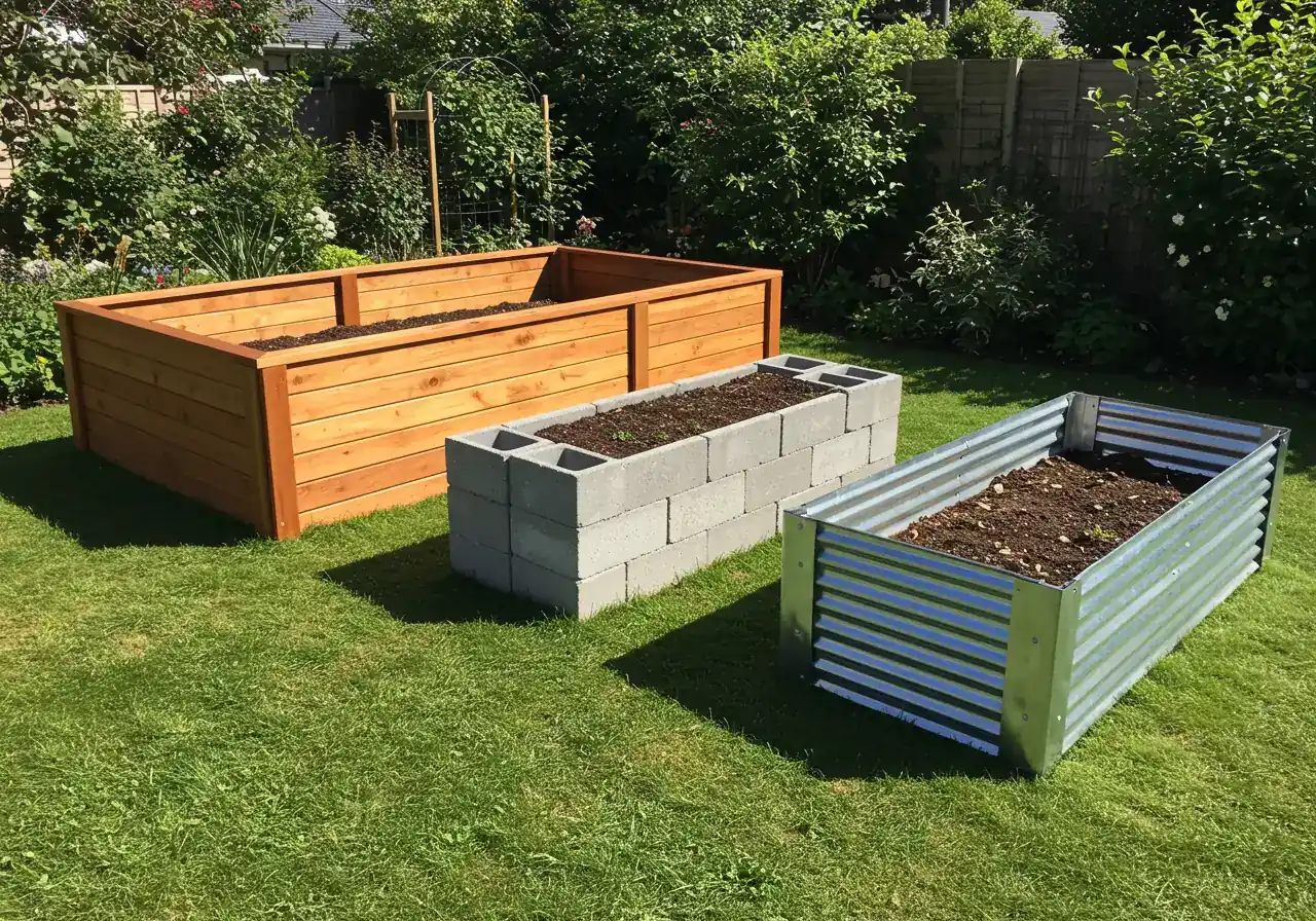 A clean, appealing image of an empty, well-constructed raised garden bed made from natural wood or stone blocks. The bed is filled with a high-quality, dark soil mix, ready for planting, illustrating the 'Raised Bed Solution' mentioned as an alternative for dealing with heavy clay or drainage issues.