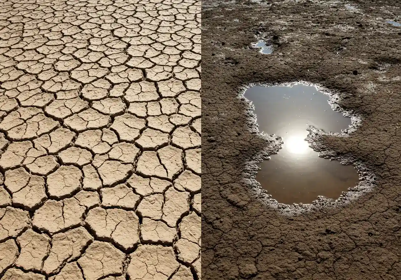 A close-up split image conceptually showing the 'foe' and 'friend' aspects of clay. Left side: Cracked, dry, hard clay soil under harsh sunlight. Right side: The same patch of clay soil but visibly dark and moist after rain, perhaps with a small puddle reflecting the sky, illustrating water retention.