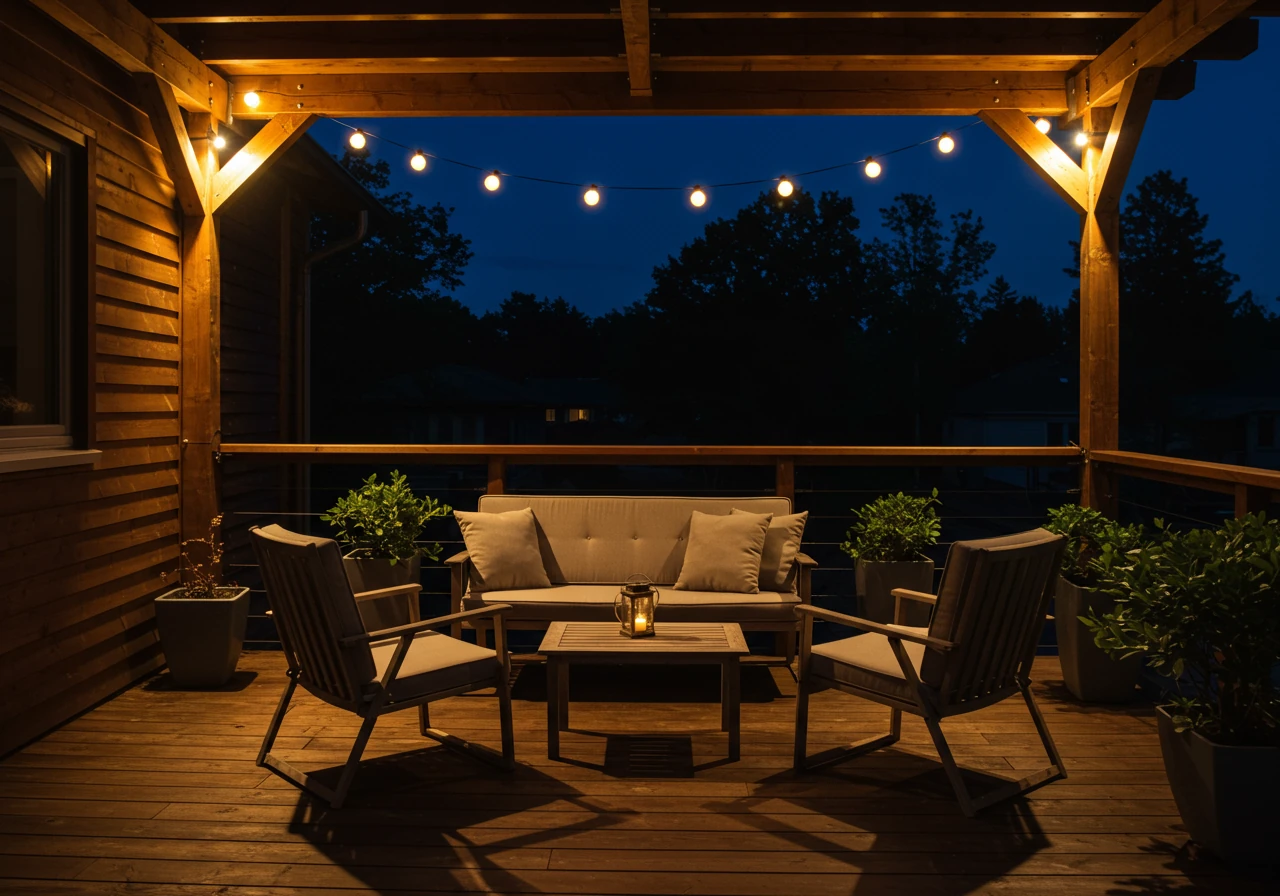 An inviting outdoor patio seating area at night, illuminated with soft, ambient lighting. Downlights mounted discreetly under eaves or pergola beams cast a warm, gentle glow over comfortable outdoor furniture and the patio floor. String lights could be subtly draped overhead for a festive feel, creating a usable and welcoming evening space.