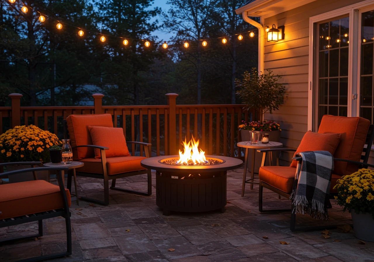 An inviting outdoor seating area centered around a fire pit during twilight in the fall. Focus on the warm ambiance created by the fire (propane or gas, clean burning, no visible flames leaping high, just a warm glow) and soft lighting (string lights overhead or lanterns nearby). Include comfortable, weather-resistant chairs with warm-toned cushions (e.g., deep red, burnt orange, gold) and perhaps a basket with plaid blankets nearby. Potted fall plants like mums or ornamental grasses should be visible, adding seasonal color. No people should be visible.