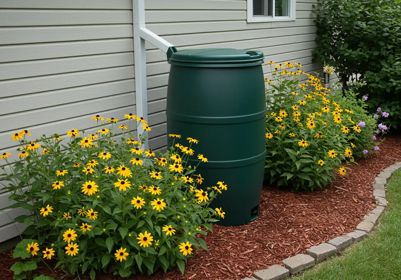 An image showcasing a rain barrel positioned effectively beside a house, collecting rainwater from a downspout. Surrounding the barrel could be native plants or a mulched garden area, illustrating a key water conservation technique mentioned in the text.