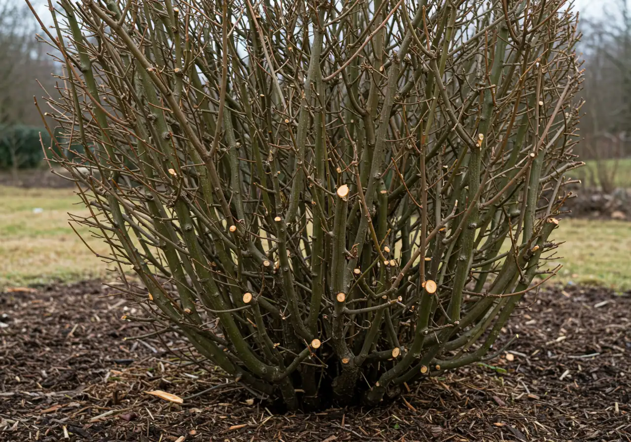 A ground-level close-up showing the base of a deciduous shrub immediately after receiving hard rejuvenation pruning. The image should feature several thick stems cut cleanly down to about 4-6 inches (10-15 cm) above the soil line. The surrounding ground could show bare soil or dormant grass, perhaps with a few wood shavings from the cuts, emphasizing the stark 'stubby' appearance resulting from this technique.