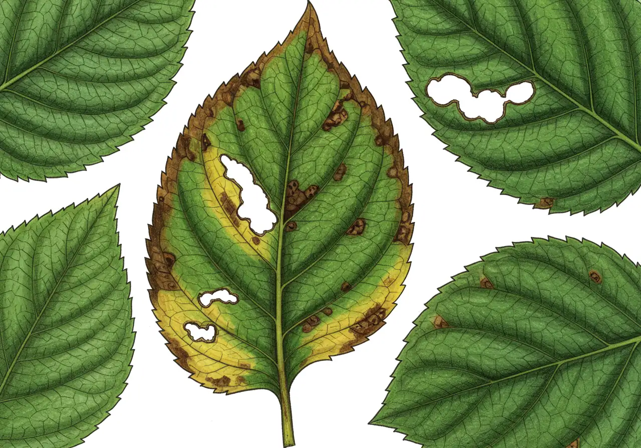 A composite image or a detailed close-up showing several different plant leaves exhibiting common distress signals side-by-side. Include examples like: one leaf with chlorosis (yellowing between green veins), another with brown crispy edges (scorching), a third showing dark spots (fungal issue), and possibly one with insect damage (small holes). The focus is clearly on the leaf symptoms.