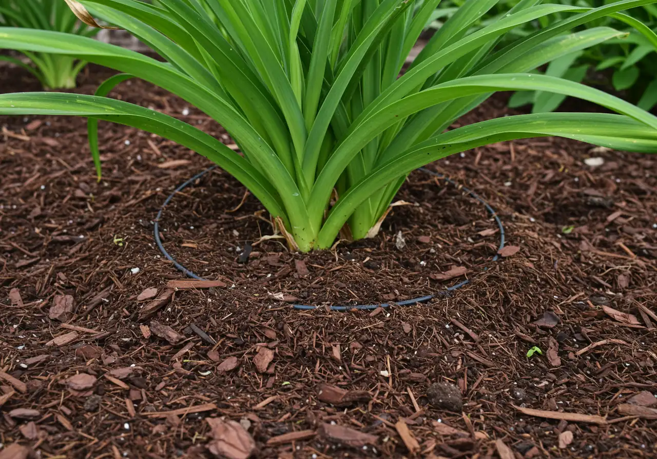 A close-up, ground-level view showing a thick layer of dark brown shredded bark mulch applied correctly around the base of a healthy perennial plant (e.g., a Daylily). The image should clearly show the mulch depth and the small gap left around the plant stem, illustrating proper application technique.