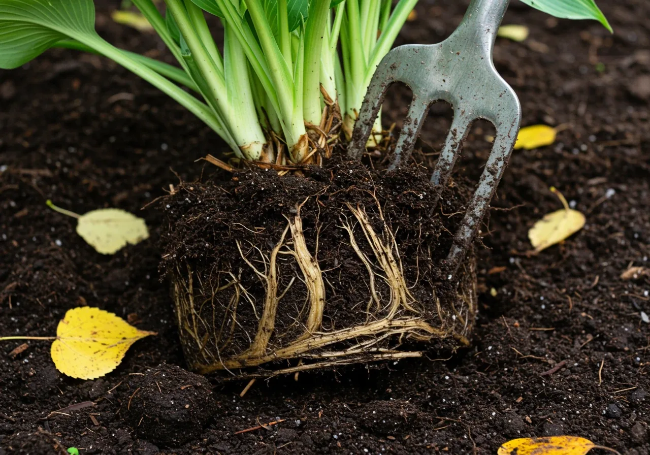 An image illustrating one of the key fall tasks mentioned: dividing perennials. Shows a close-up of a garden spade or fork partially lifting a clump of a perennial like hosta or daylily from the soil, revealing the roots. Focus is on the plant and tool, emphasizing the task itself. Soil clinging to roots adds realism.