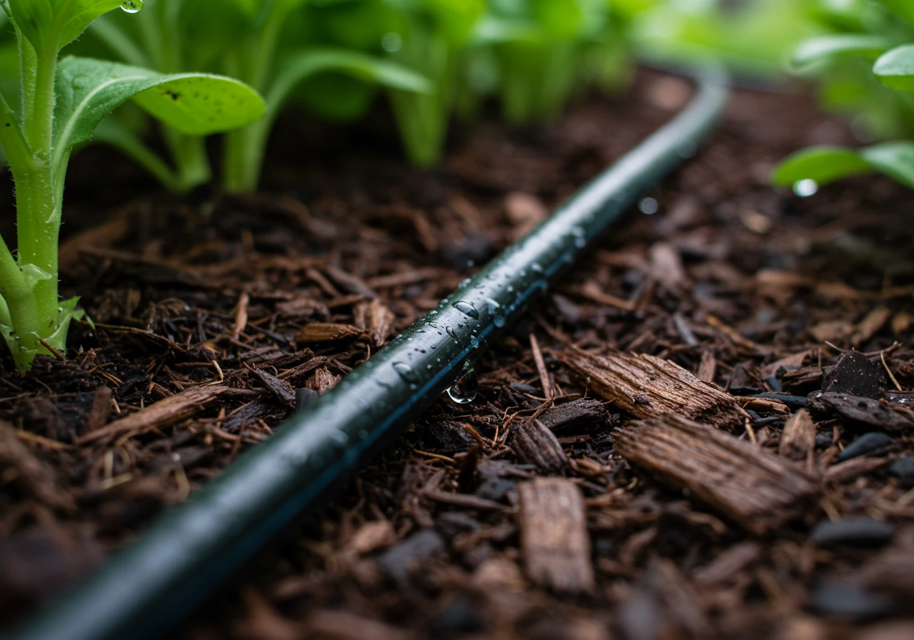 An image showing a close-up view of a black drip irrigation line laid neatly on top of dark brown mulch in a garden bed. Water droplets are visibly emerging from an emitter near the base of a healthy green plant stem, darkening the mulch immediately around the emitter.