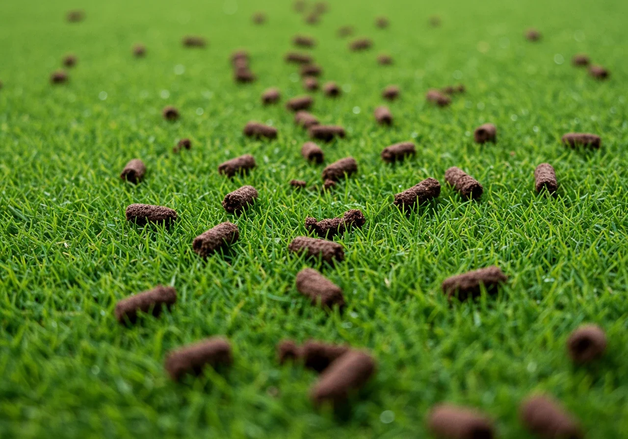 A close-up, ground-level photograph of a lawn immediately after core aeration. The image should clearly show the small cylindrical plugs of soil extracted and lying on the surface of the green grass, alongside the holes left behind in the turf. This illustrates the direct result of the aeration process discussed.