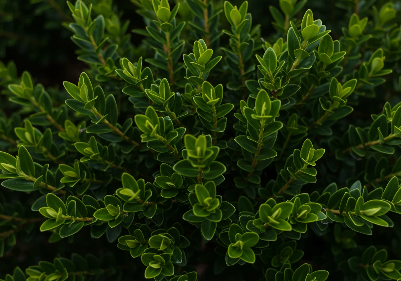 A close-up shot focusing on the dense, small leaves or needles of one of the recommended hardy plants (like Boxwood or Yew), highlighting the texture suitable for detailed shaping.