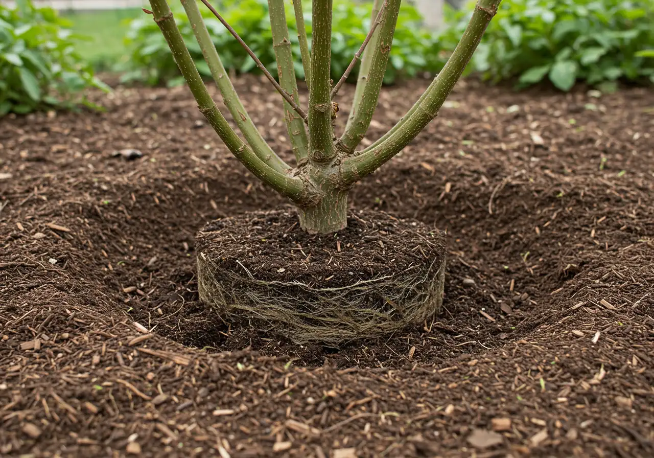 A close-up, ground-level view of the base of a newly planted shrub (like a Dogwood or Ninebark). The image clearly shows the top of the root ball positioned about an inch higher than the surrounding garden soil level. Amended backfill soil (darker, loamier) is visible around the base, and a fresh layer of dark brown wood chip mulch surrounds the plant, kept slightly away from the stem.